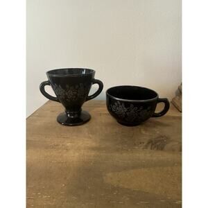 Vintage Black Glass Hazel-Atlas Floral Sterling Pedestal Sugar Bowl & Teacup